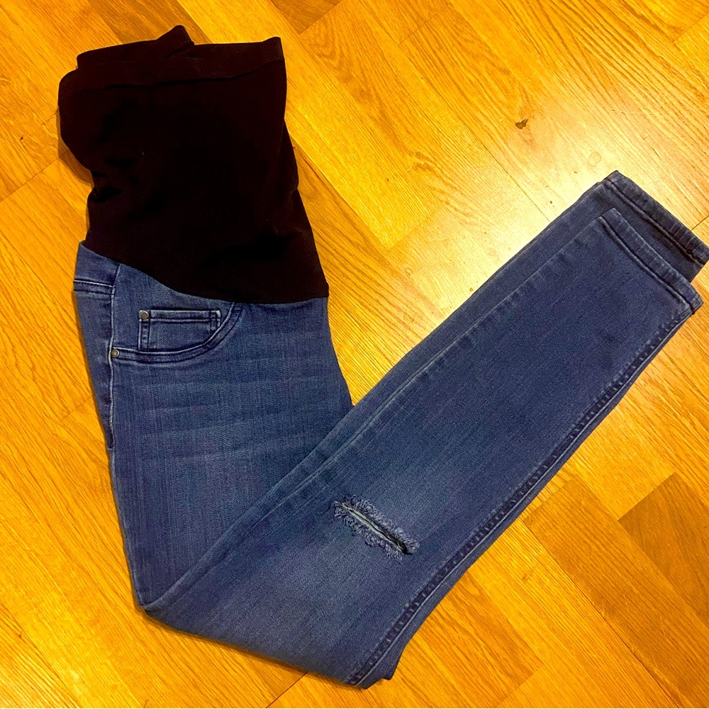 Indigo blue maternity skinny jeans with rips, size small